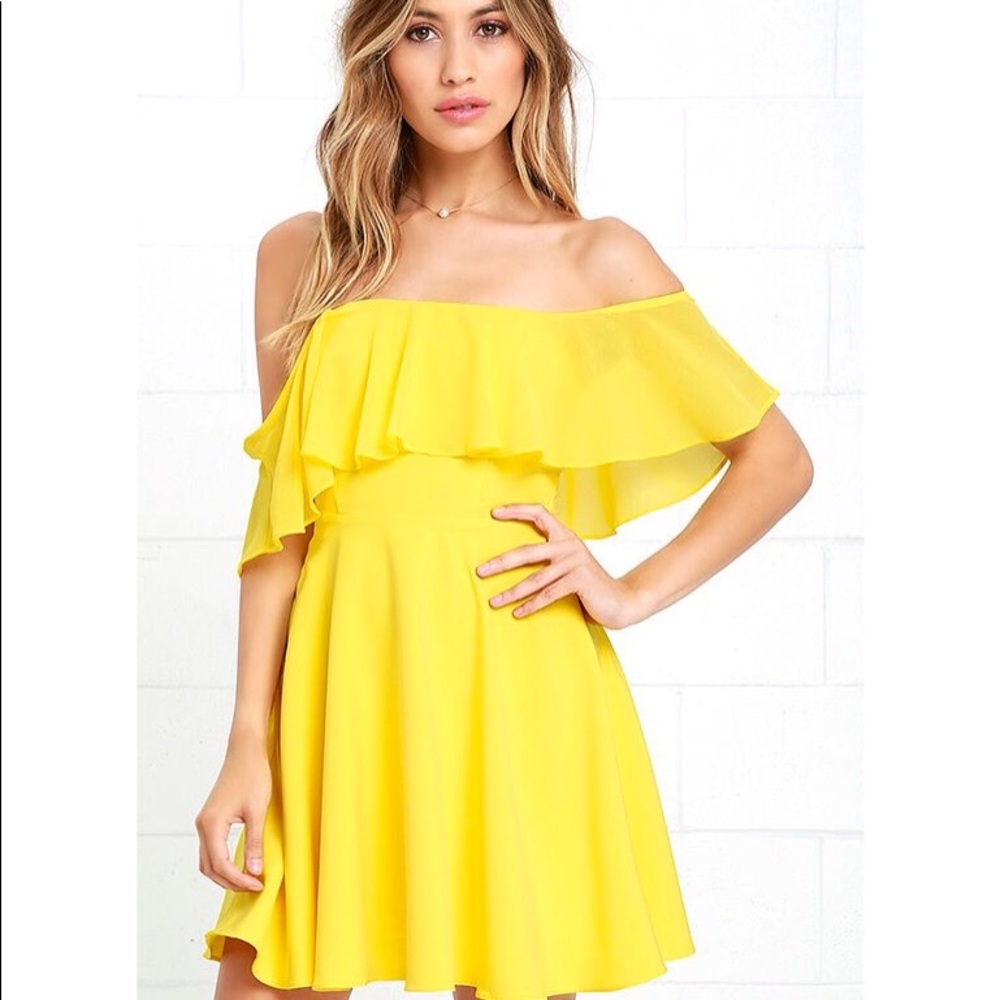 Flutter On By Yellow off the shoulder skater dress